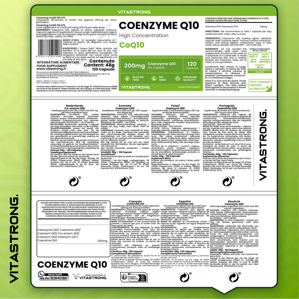 Coenzyme Q10 200mg High Dosage, 1 Capsule per Day for 4 Months, 120 Capsules CoQ10 200mg Each, Q10 Coenzyme Premium Quality, Gluten-or GMO-Free, Supplement Made in Italy Certified