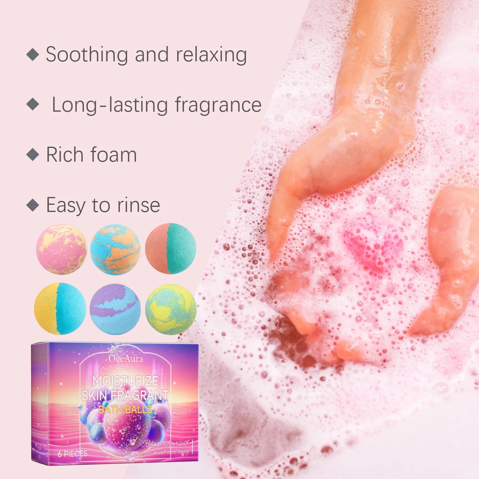 OceAura 6pcs Bubble Bath Bomb Ball Exfoliating Body Nourish Skin Relieve Fatigue Stress Anxiety Clean Pores Body Bath Bomb Set Main image