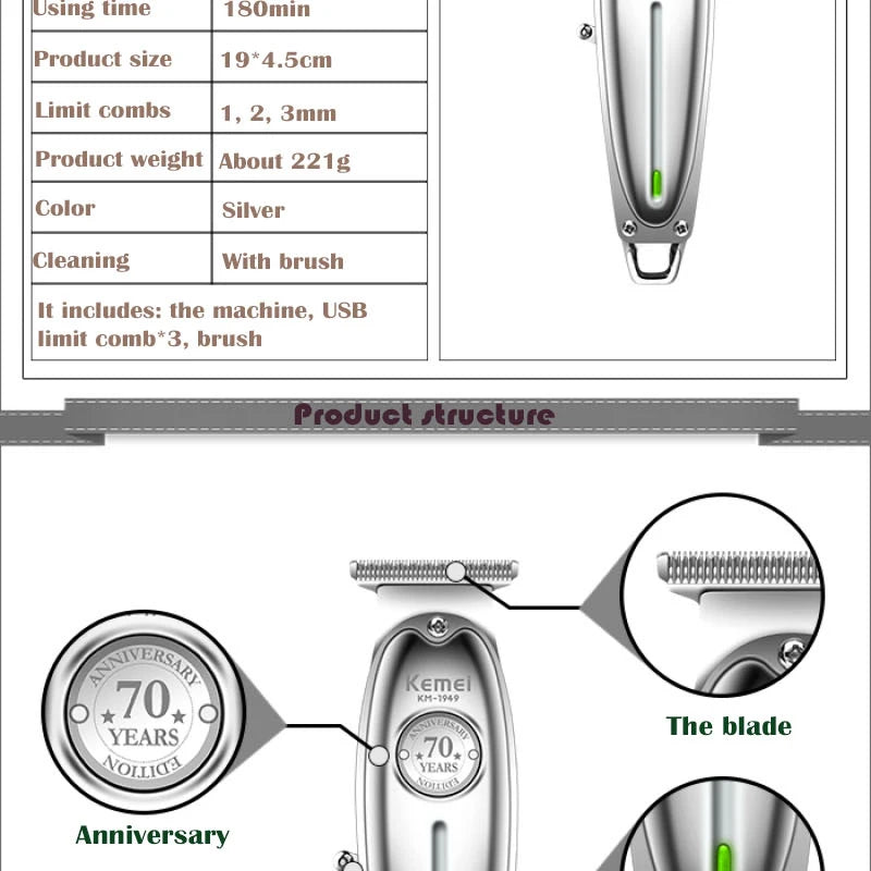 Kemei 1949 All-Metal Hair Trimmer Professional Clipper For Barber Rechargeable Men Electric Beard Shaver Hair Cutting Machine