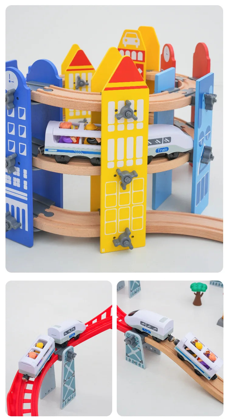 new Wooden Railway Track Set Electric Train Magnetic Car Diecast Slot Fit All Brand Biro Wood Track Assemble Toy Boy Gift