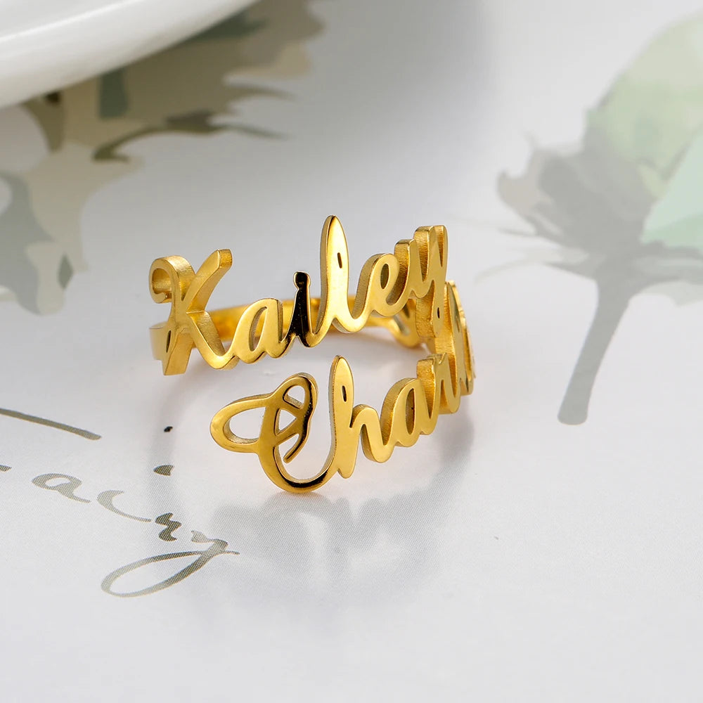 Custom Double First Name Finger Ring For Women Men Personalized Couple Family Gift Gold Color Stainless Steel Metal Jewelry