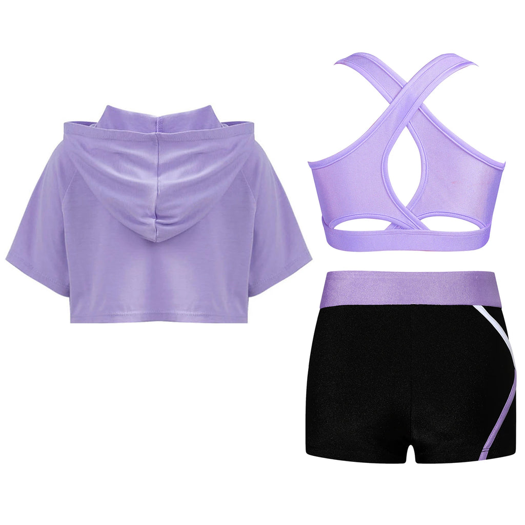 3Pcs Girls Sports Set Vest+Hooded Crop Top+Shorts Sportswear Set for Child Dance Yoga Running Cycling Workout Costume Activewear