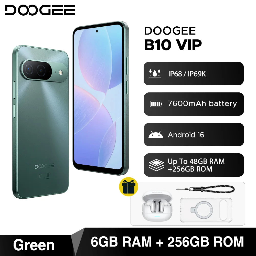 World Premiere DOOGEE B10 Smartphone 7600mAh Battery 6GB 256GB 6.6'' Display 64MP AI Camera Gemini AI Android 16 Mobile Phone