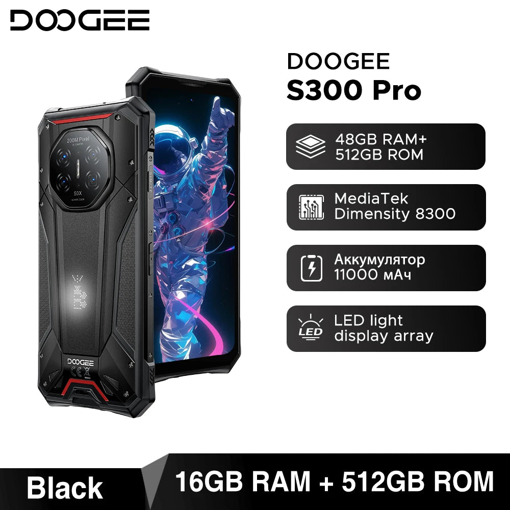 World Premiere DOOGEE S300 Pro Rugged Phone 48GB+512GB Dimensity 8300 6.78" FHD+ 11000mAh Battery 66W 200MP Camera Android 16