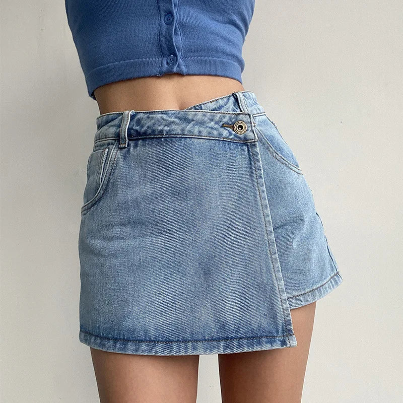 High-waisted A-word Denim Shorts Women's New Light-colored Fake Two-piece Design Thin Spice Girl Culottes Denim Short Skirts Main image