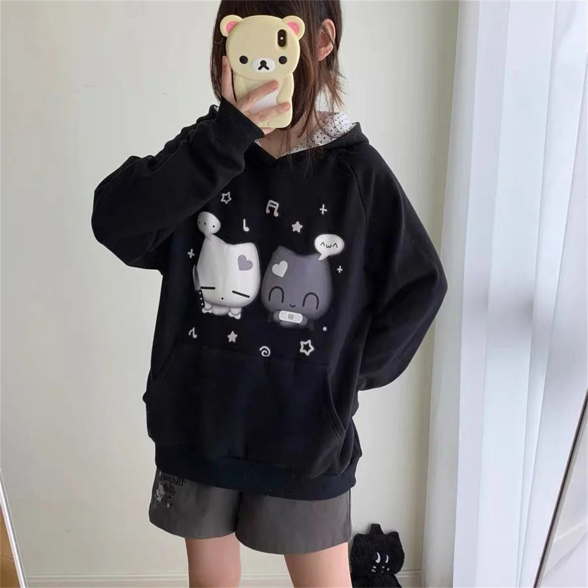 Ropa Cute Hoodies Coats Cartoon Cute Cat Ear Print Hooded Sweatshirts Y2K Tops Women Clothing Casual Zipper Loose New Hoodie