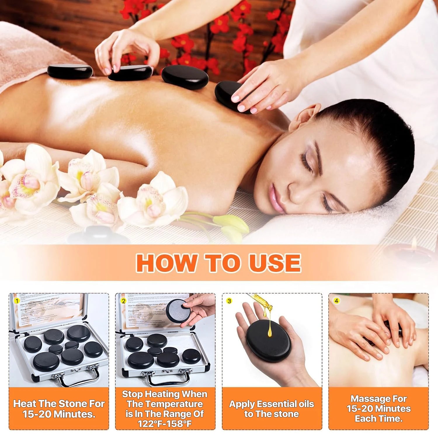 HOT STONE MASSAGE SET - Professional Spa Massage Tools - For Neck, Back, Abdomen, Legs & Full Body Massage