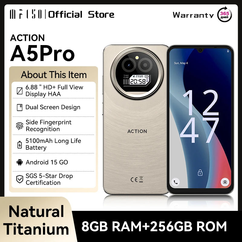 IIIF150 Action A5Pro Phone Android 15 Go Smartphone 12GB RAM 256GB ROM 6.8inch HD+ HAA Display Dual Screen Design 5100mAh Batter