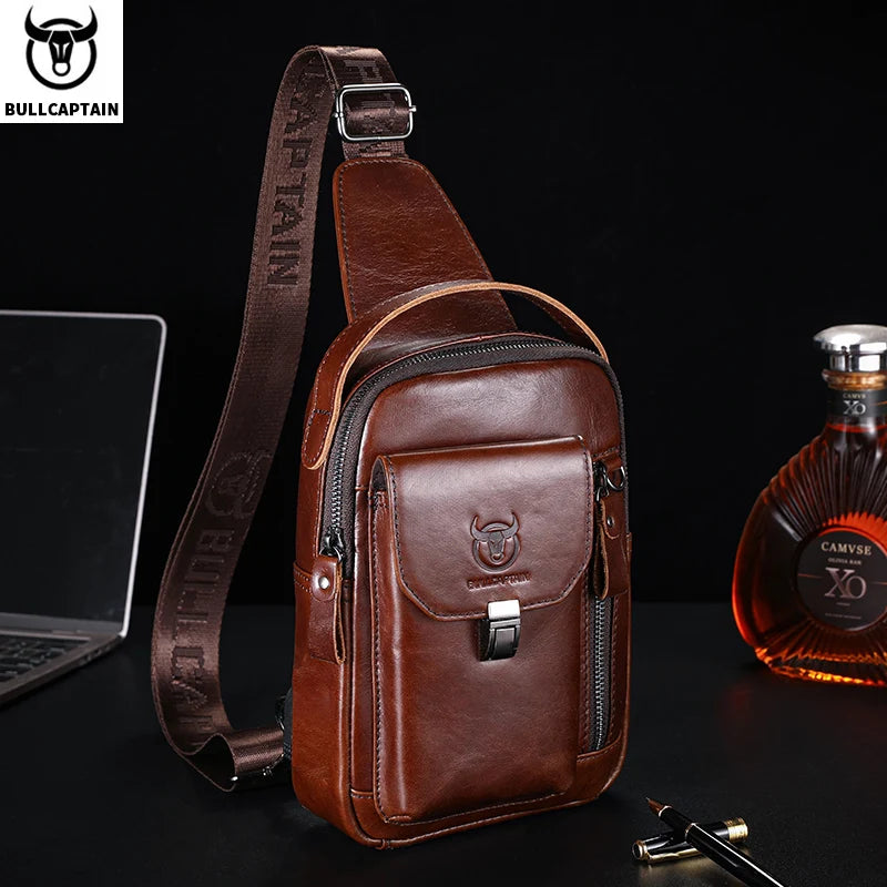 BULLCAPTAIN Men's Genuine Leather Chest Bag Casual Retro 7.9-inch Mobile Phone Bag Multifunctional Anti-Theft Crossbody Bag Main image