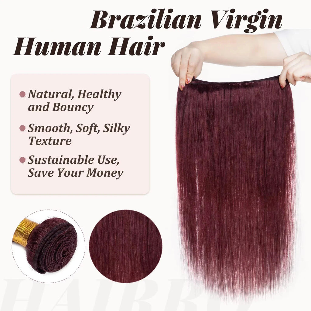 Wine Red #99J Remy Human Hair Weave 16-28 inch Long Silky Straight  Unprocessed Virgin Brazilian Hair Weft Extensions for Women