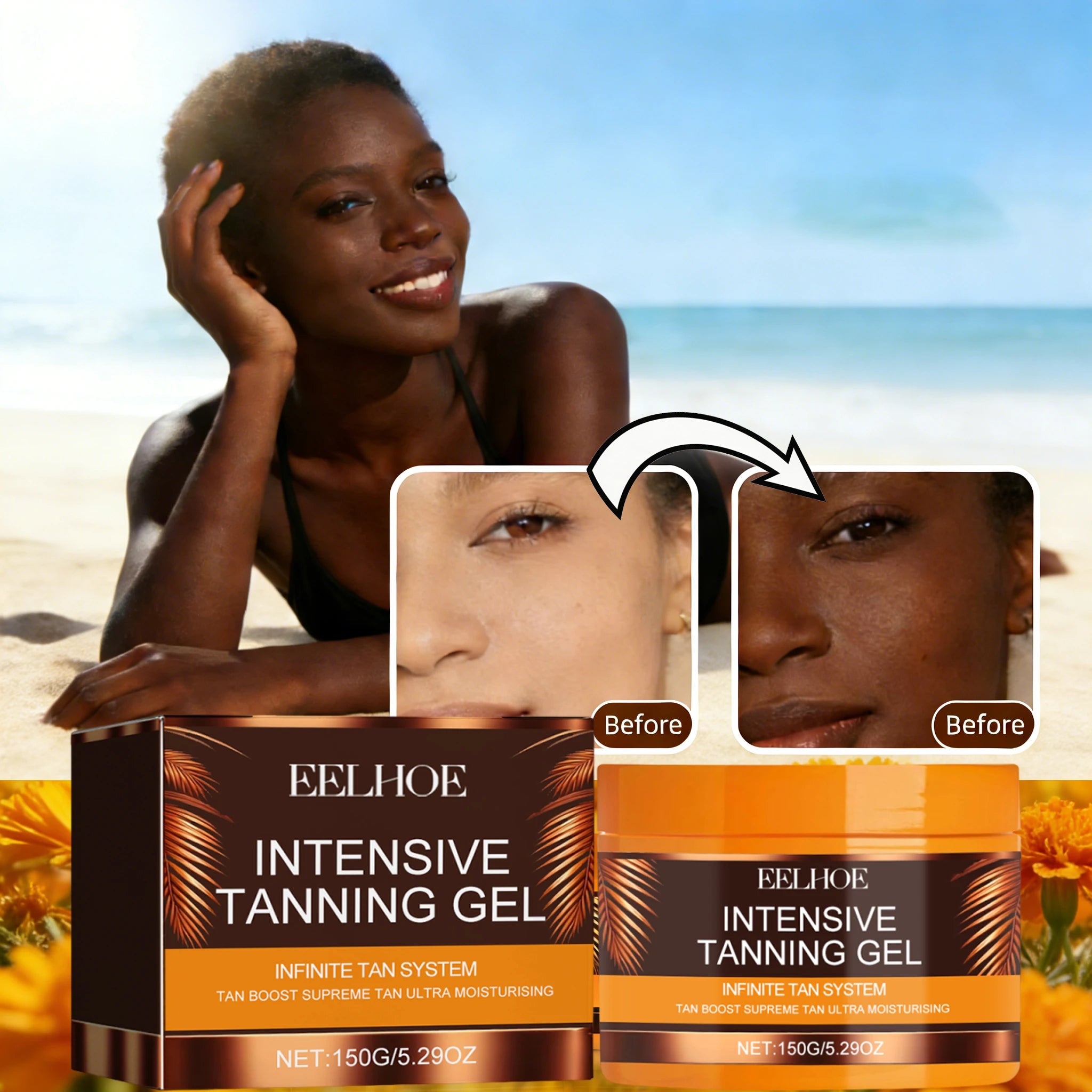 Intensive Tanning Gel & Cream Set Accelerator Bronzing Dark Skin Long Lasting Moisturizing Face Body Sunless Self Tanning Cream