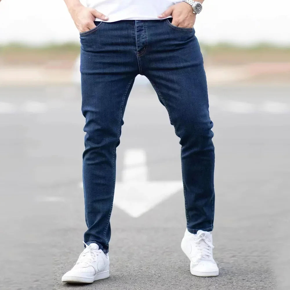 Spring Mens Black Blue Pants Pure Color Stretch Jeans Street Casual Slim Fit Trousers Male Vintage Wash Skinny Jeans for Men Main image