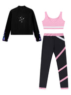 3Pcs Kids Girls Skating Athletic Fitness Workout Tracksuit Sleeveless Vest Top +Pants with Long Sleeve Zipper Sweatshirt Gym Set