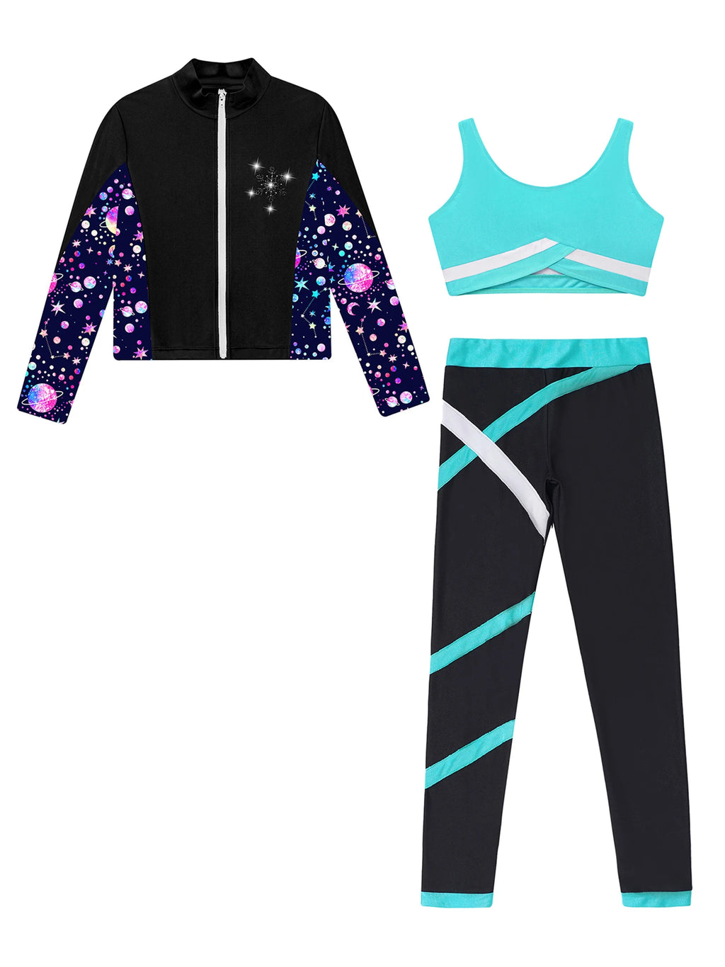 3Pcs Kids Girls Skating Athletic Fitness Workout Tracksuit Sleeveless Vest Top +Pants with Long Sleeve Zipper Sweatshirt Gym Set