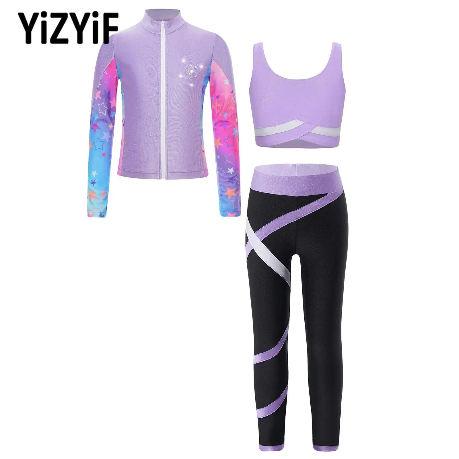 3Pcs Kids Girls Skating Athletic Fitness Workout Tracksuit Sleeveless Vest Top +Pants with Long Sleeve Zipper Sweatshirt Gym Set Main image