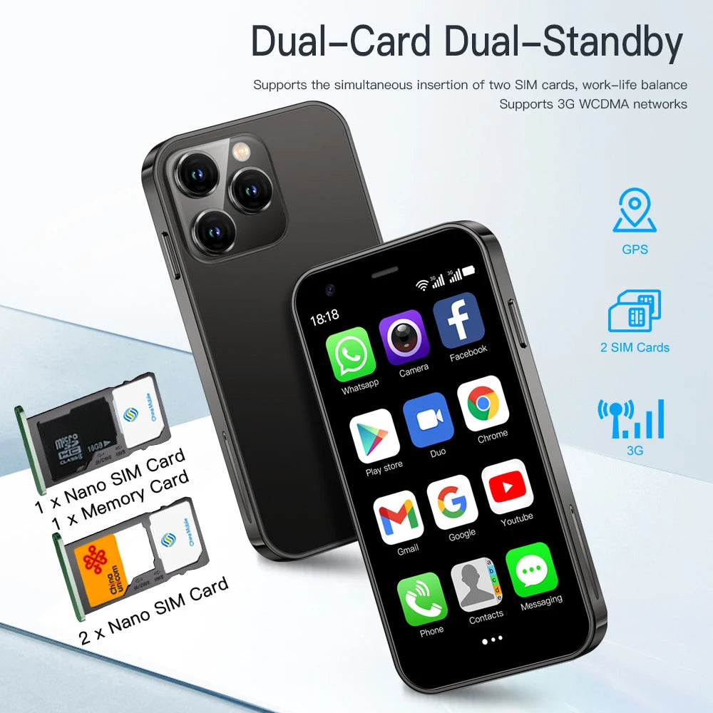 SERVO 15SE Mini Smartphone 3G WCDMA WiFi Hotspot Android OS Play Store WhatsAPP 2GB+16GB 2 SIM Card 3.0" Super Small Smart Phone