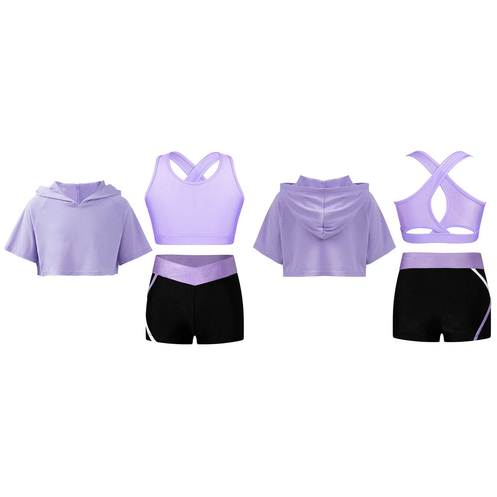 3Pcs Girls Sports Set Vest+Hooded Crop Top+Shorts Sportswear Set for Child Dance Yoga Running Cycling Workout Costume Activewear