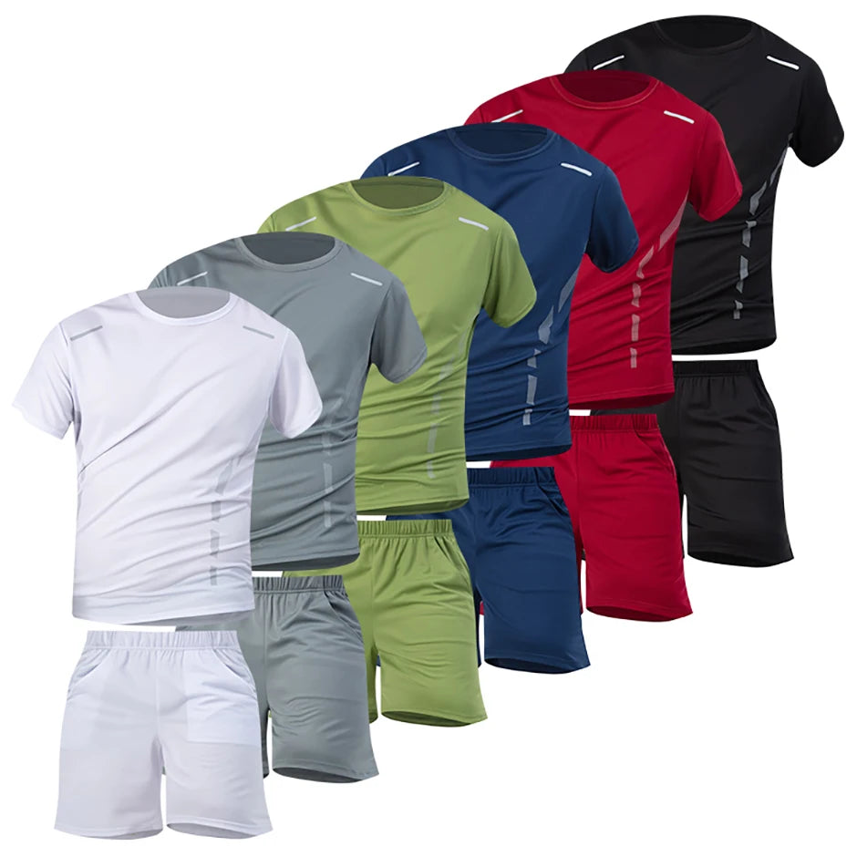 2-Piece Men's Summer Quick drying Sports Suit Loose And Breathable Short Sleeved T-shirt Running And Fitness Black Pocket Shorts