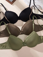 3PCS Women's Underwear Set Lace Trim Ribbed Push Up Bra Bow Comfortable Underwire Support Women's Bra