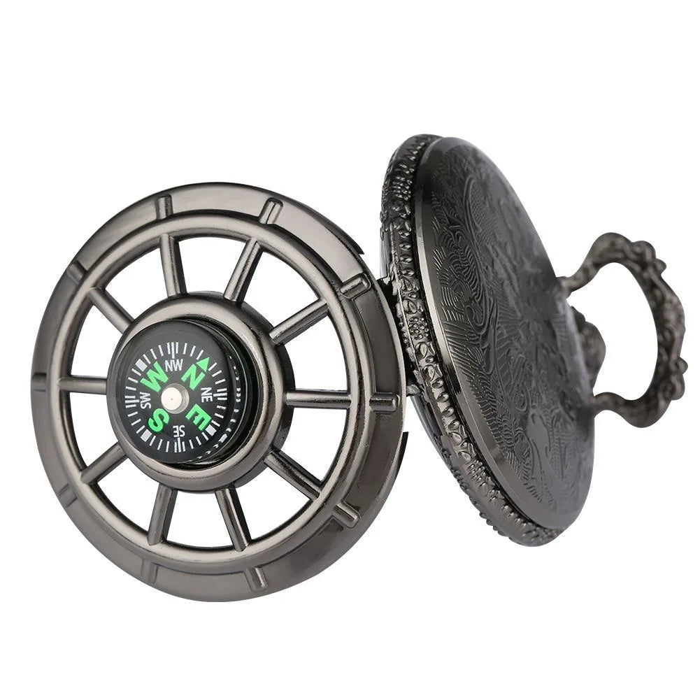 Fashion hollowed out compass pocket watch, outdoor creative flip necklace watch, male and female digital quartz watch