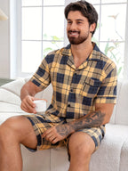 Men's Short-sleeved Pajamas Set - 2 Piece Set Plaid Casual Summer Loungewear with Pocket V-neck Light and Thin Men's Pajamas Pjs