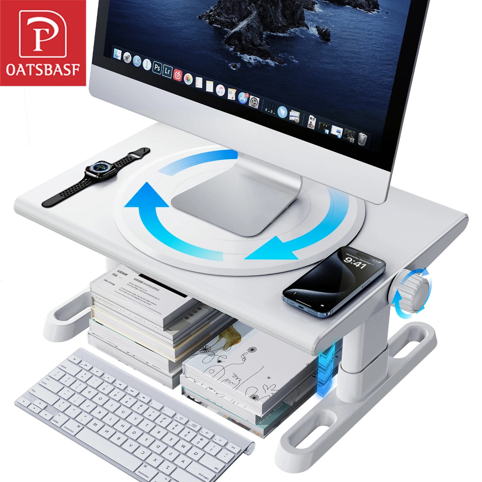 Oatsbasf Computer Monitor Stand Laptop TV Holder Monitor Shelf 360° Rotation Computer Desk Height Adjustment 50LB Load Bearing Main image