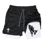 Print 2 in 1 Running Workout Shorts for Men Christian Gym Athletic Performance Shorts with Phone Pocket Towel Loop Activewear