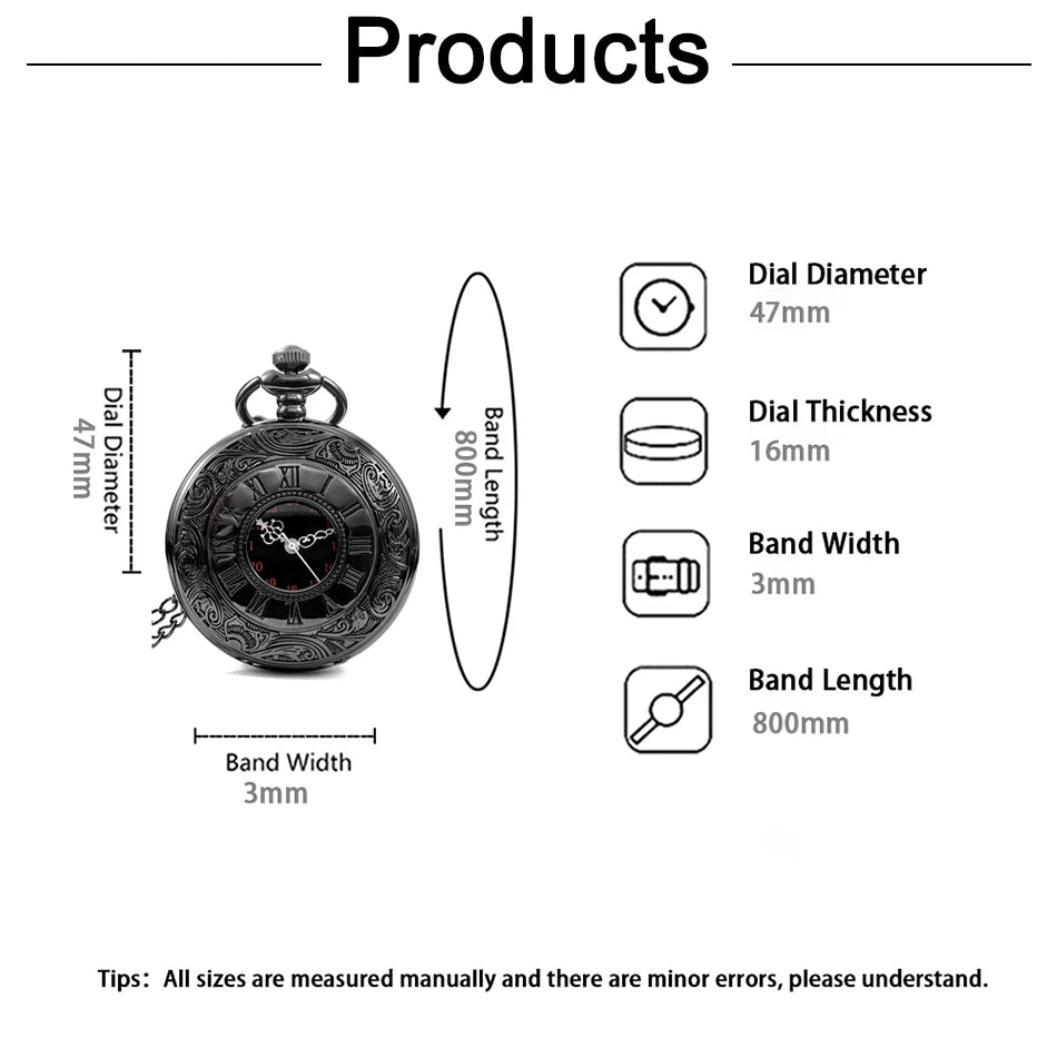 Vintage Charm Black Unisex Fashion Roman Number Quartz Steampunk Pocket Watch Women Man Necklace Pendant with Chain Gift