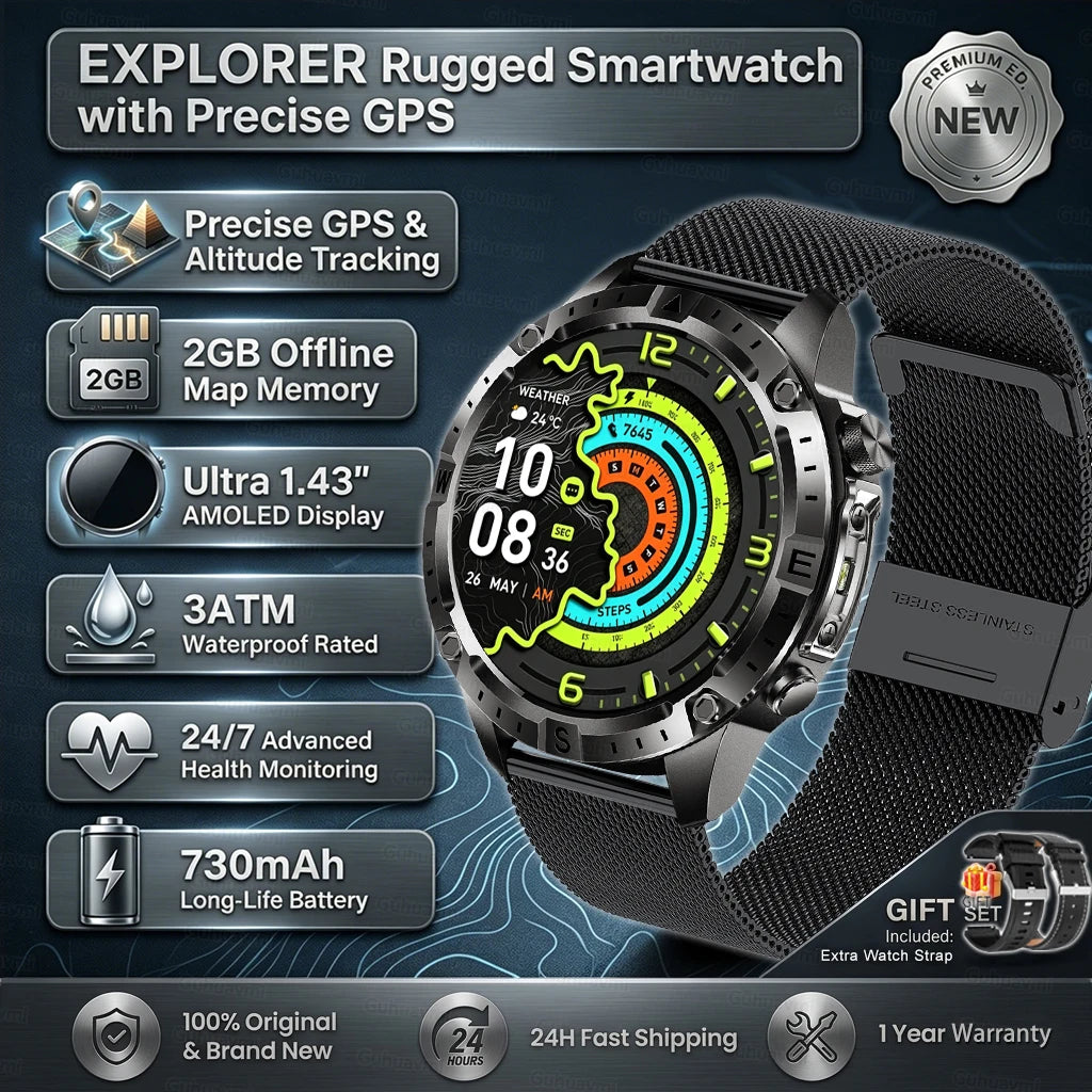 GPS Smart Watch for Men 2G ROM GPS Offline Maps Waterproof Swim Hiking Fitness Tracker Sleep SpO2 Rugged Durable Smartwatch GPS