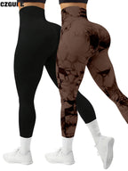 CZGUKE 2-piece women's tie dye pants sports leggings seamless high waisted push ups women's fitness and exercise clothes