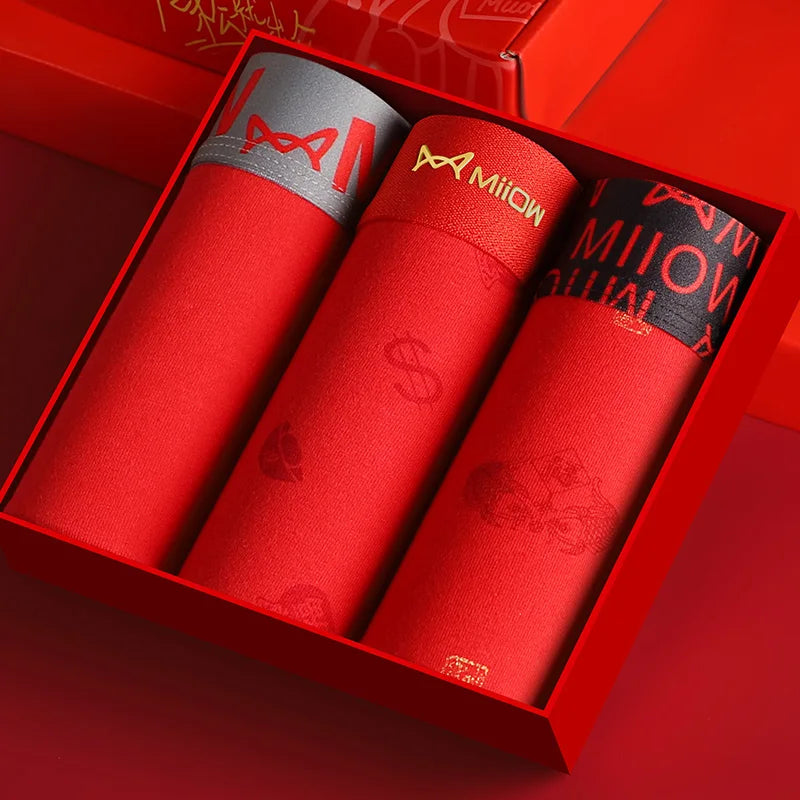 MiiOW Organic Cotton Boxer Socks Set Men Underwear Boxers Trunks Antibacterial Male Panties Boxershorts Underpants Red L-3XL New
