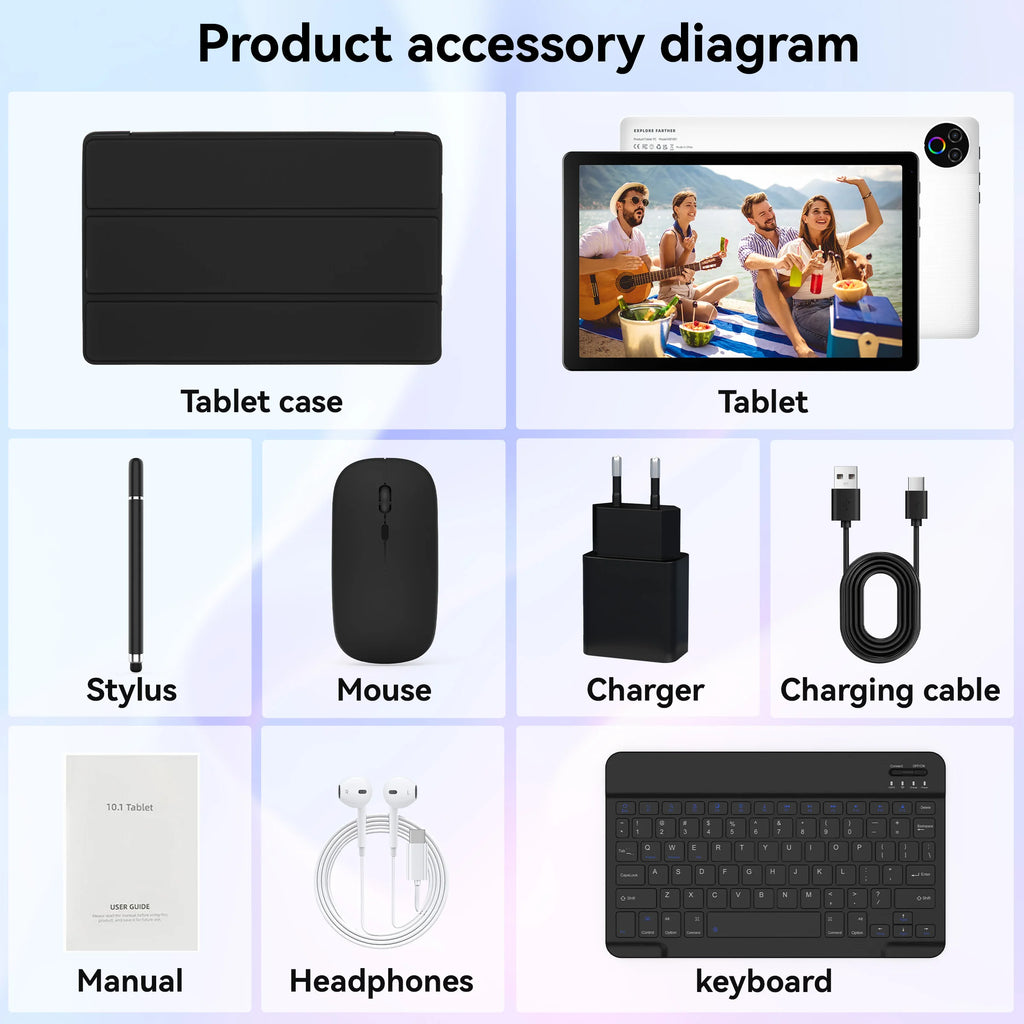 URAO Android 15 Tablet 10.1 Inch 20GB RAM 64GB ROM 5-core Dual Camera Tablets PC Set Keyboard/Case/Mouse/Stylus/Headphone