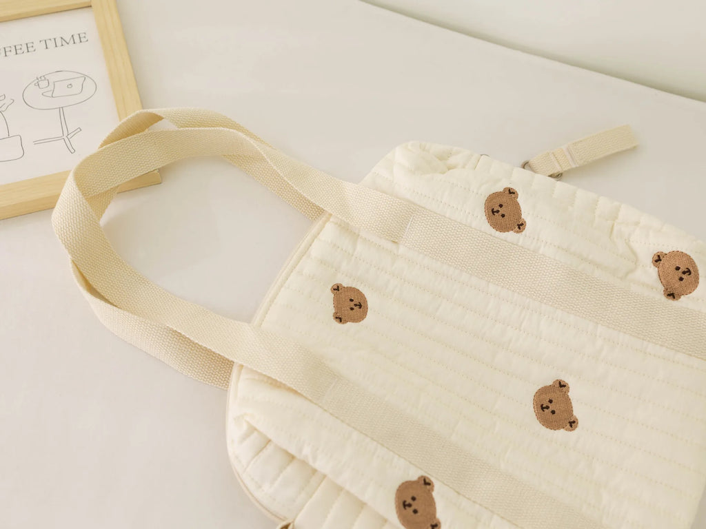 Cute Bear Baby Stroller Nappy Bag Korea Embroidery Cotton Mommy Bag Soft Maternity Shoulder Pack Portable Baby Diaper Organizer