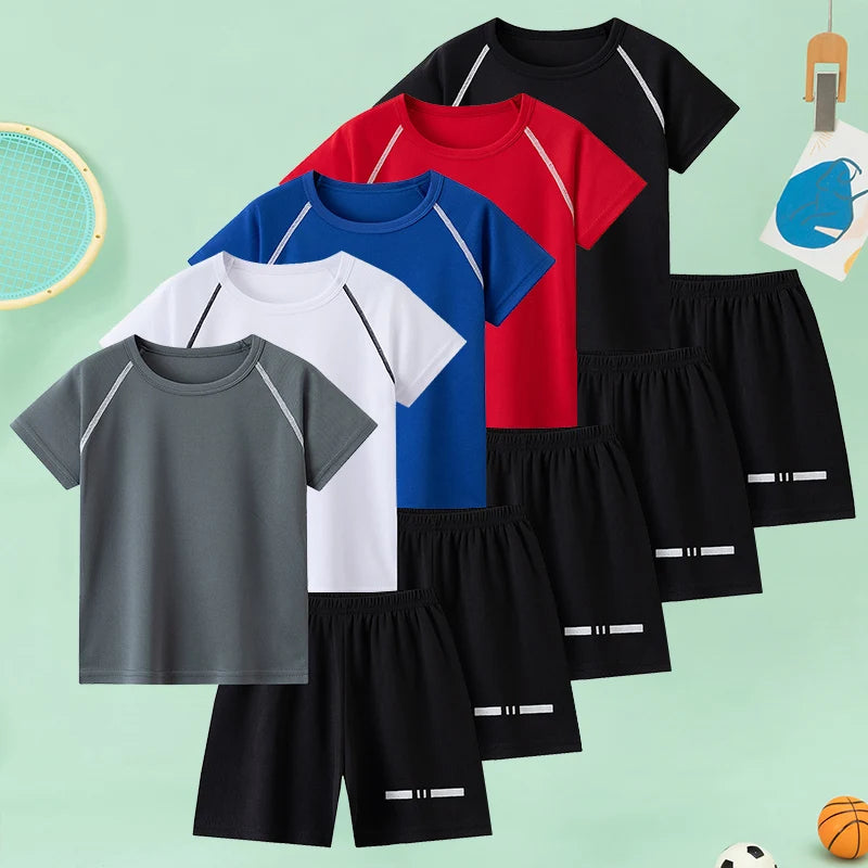 2piece summer children's multi-color sports casual short sleeved shorts set boys and girls simple T-shirt black breathable short Main image