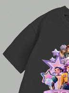 Girls 2-Piece 2026 K-Pop Concert Outfit - Black Graphic T-Shirt & Pastel Character Print Flared Pants Set for Kids