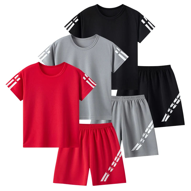2/4 Pcs Boys' Summer Solid Color Quick Drying Breathable Set Big Kids' Loose Sports Running Hiking Outdoor Short sleeved Shorts Main image