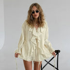 Casual Shorts Two-piece Set For Women Ruffled Loose Tie Top Simple Shorts Set OL Office Lady Summer Female Shorts Suit