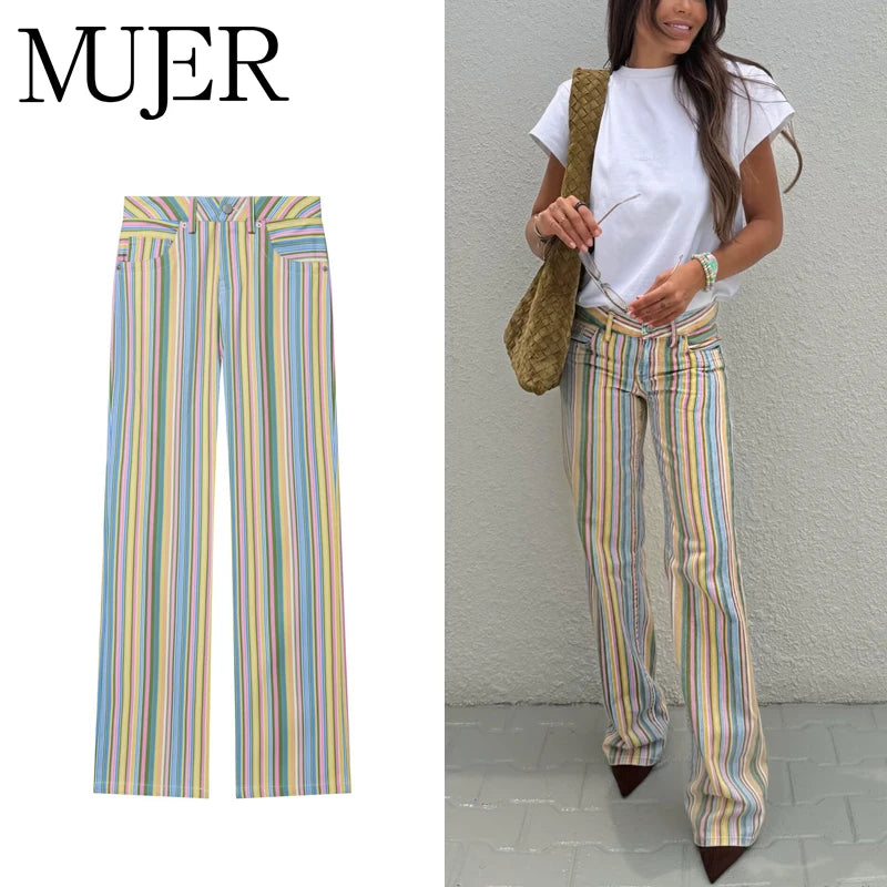 MUJER Striped Baggy Jeans Woman Low Rise Wide Leg Jeans Pants for Women New Boyfriend Jeans Women Straight Women's Denim Pants Main image