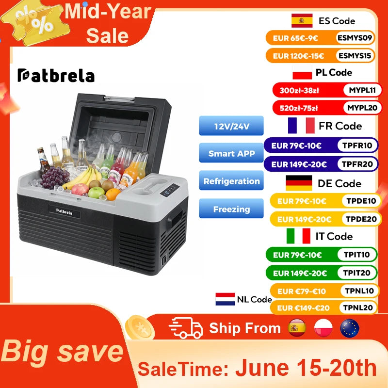 Patbrela 20L Car Refrigerator 12V Compressor Fridge 12/24V DC 100-240V AC Portable Compressor Cooler Box for Camping Travel with APP Camping Fridge Main image