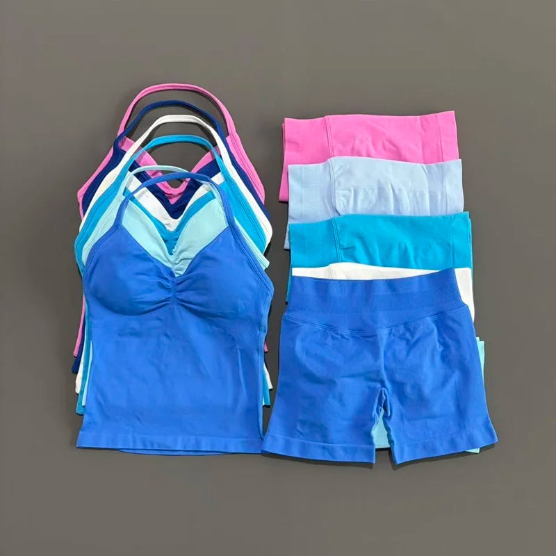 2 Pieces Sports Set Women Backless Halter Tops Fitness Tank Top High Waist Seamless High Stretch Shorts Gym Workout Sets Main image