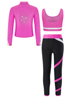 3Pcs Kids Girls Skating Athletic Fitness Workout Tracksuit Sleeveless Vest Top +Pants with Long Sleeve Zipper Sweatshirt Gym Set