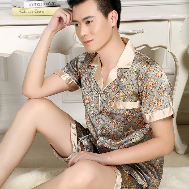 High Quality Pajamas Set Men Spring Autumn Thin Polyester Ice Silk Long-sleeved Sleepwear Plus Size Summer Home Clothes Male