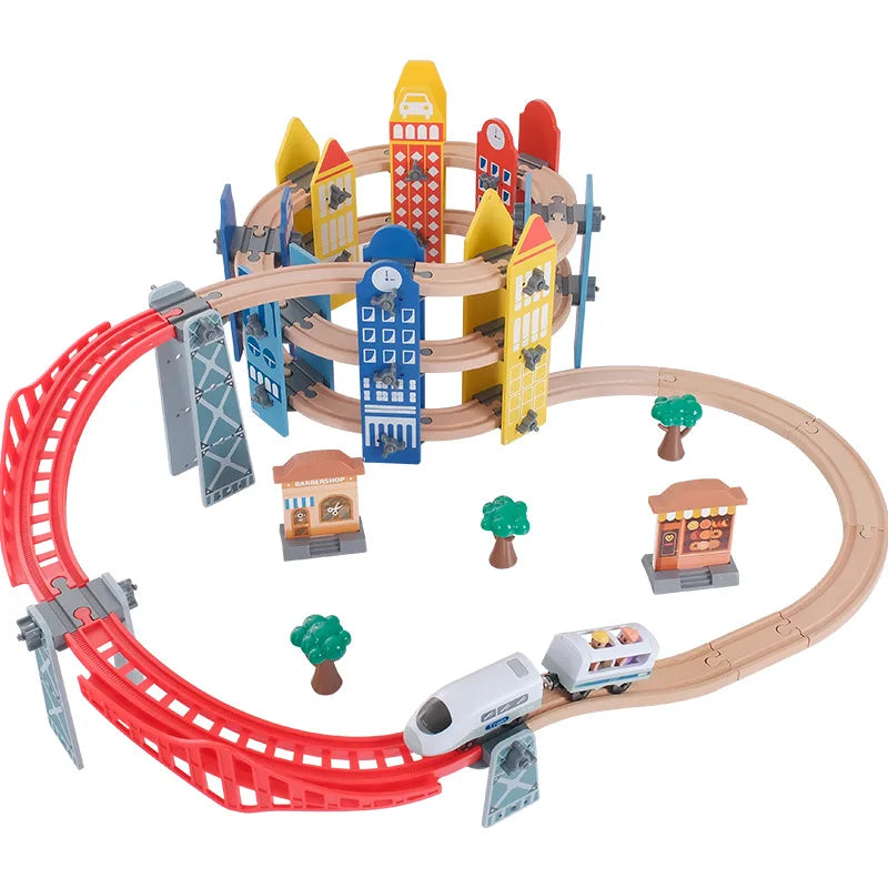 new Wooden Railway Track Set Electric Train Magnetic Car Diecast Slot Fit All Brand Biro Wood Track Assemble Toy Boy Gift Main image