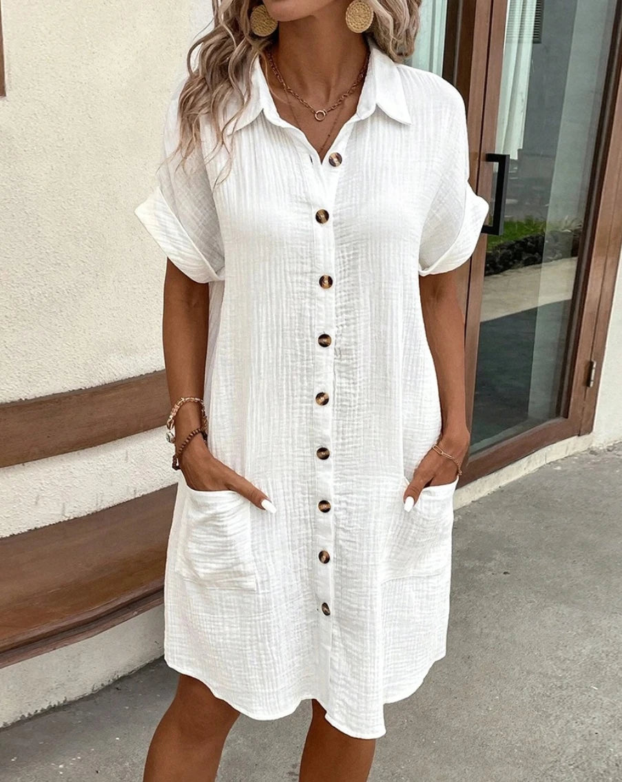 Vintage Women Solid Mini Dress Summer Fashion V-neck Three Quater Sleeve Cotton Linen Dress Ladies Casual Holiday Vestidos Main image