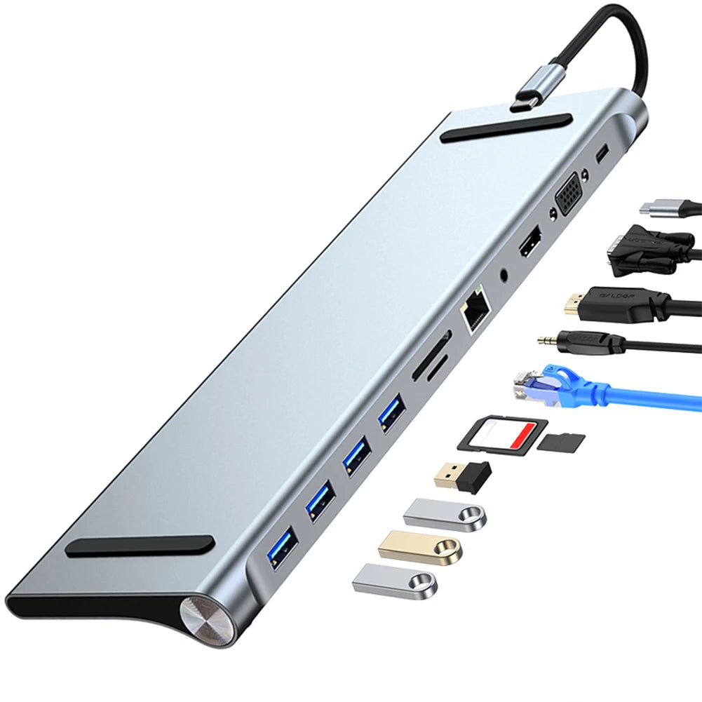 11 in 1 USB C Docking Station with 4K HDMI-Compatible VGA Ethernet USB C Dock 100W PD SD/TF Audio Type C Hub 1* USB 3.0 3*USB2.0