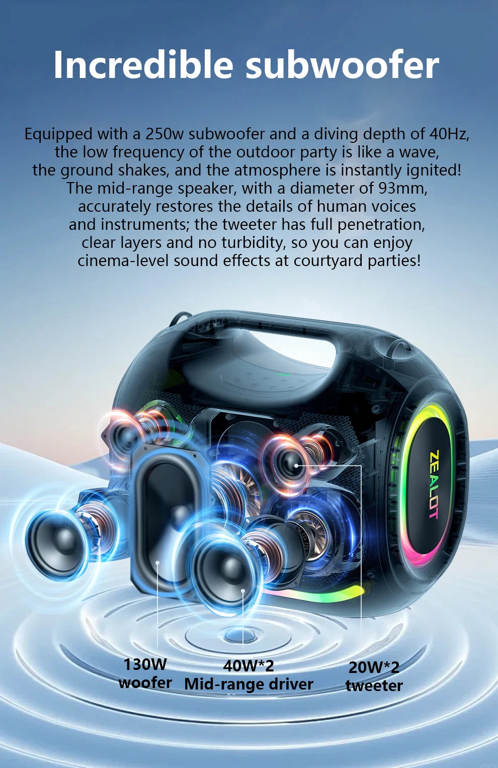 ZEALOT ZE21 250W Wireless Speaker, Outdoor Portable, 48000mAh Long Battery, With RGB Color Lights, Up To 18 Hours Of Play Time.
