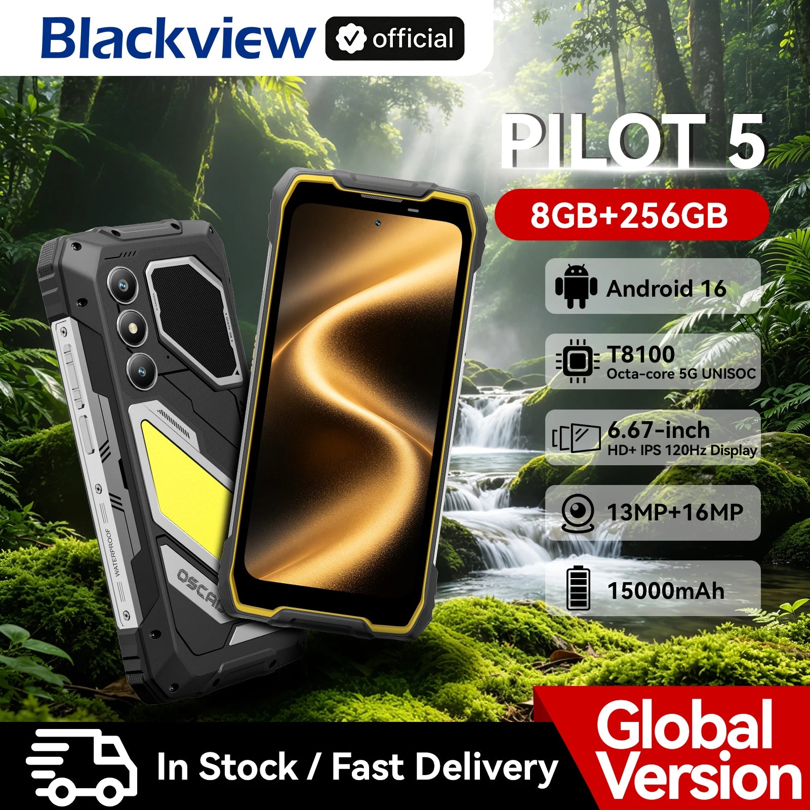 Blackview OSCAL PILOT 5 5G mobile phones AI Rugged Smartphone UNISOC T8100 6.67" 2.4K Display 120Hz, 8GB 256GB, 15000Amh Phones