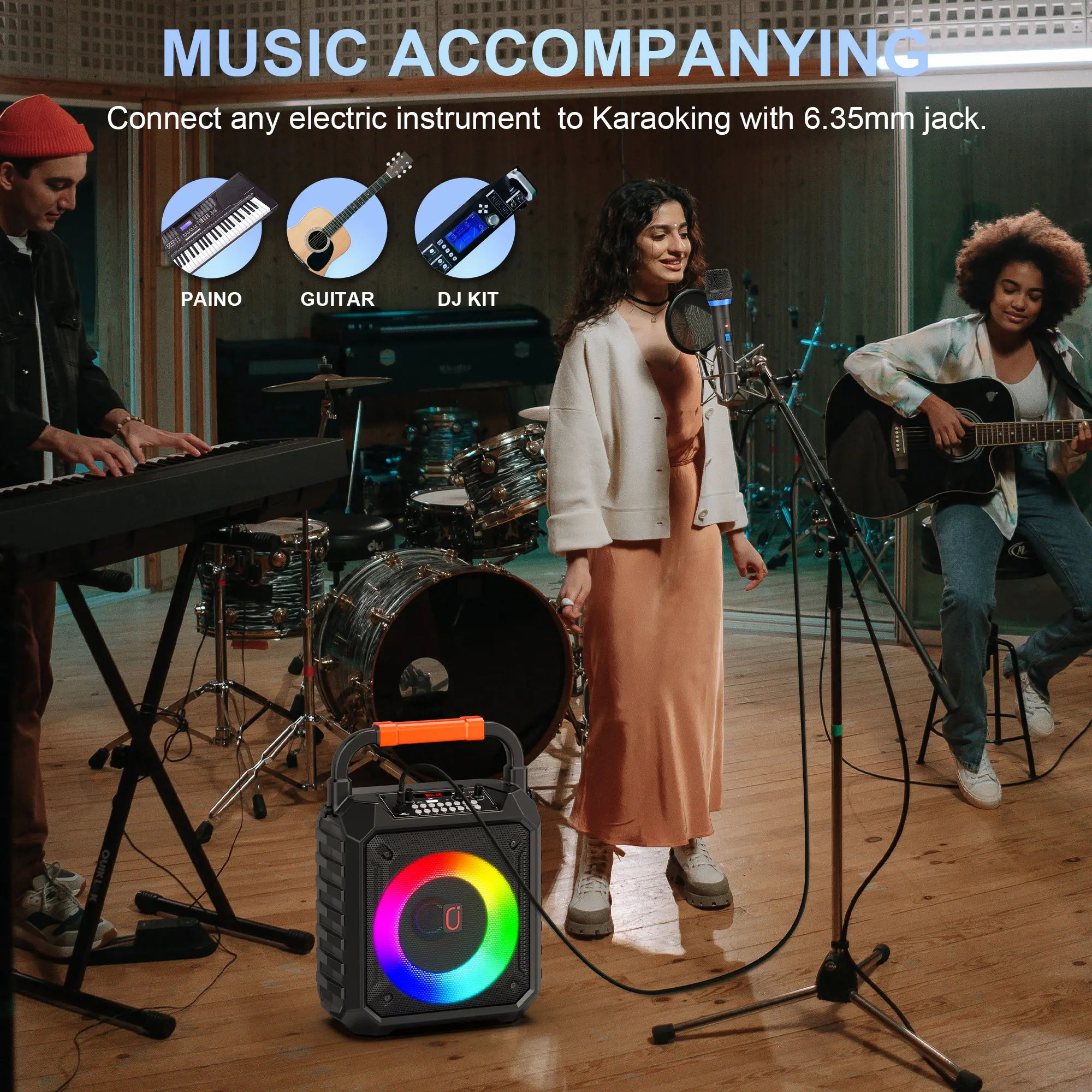 T17-T Karaoke Machine And Bluetooth earphones,Portable Speaker with LED Lights for Kids and Adults,Supports Bluetooth/USB/TF/AUX