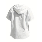Cotton Linen Shirt for Men Hooded Short Sleeve Solid Color Breathable Lightweight Drawstring Design Shirts Casual Basic Tees