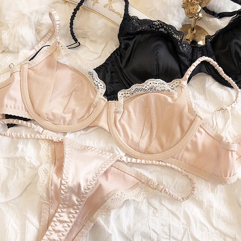 Summer Women Lingerie Set French Sexy Lace Ultra Thin Bra Set Silk Fabric Comfort Adjustable Strap Bralette Thongs Underwear Set